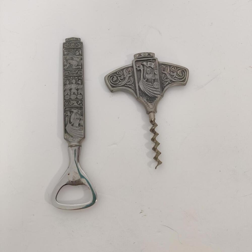 Vintage Norwegian Pewter Bottle Opener & Corkscrew Set with a Viking design